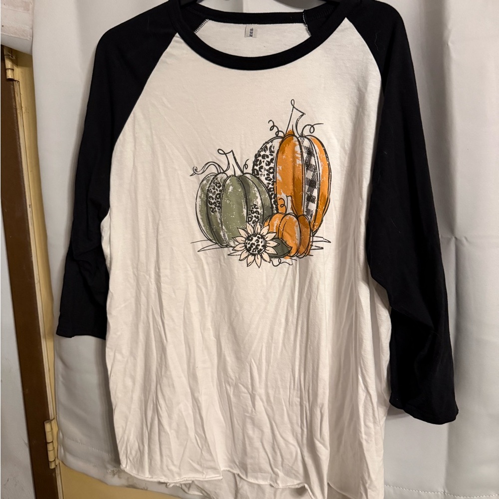 Black and White Raglan Tee with Pumpkin Print
